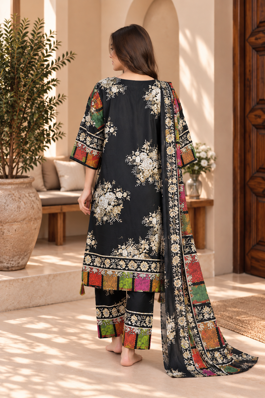 Black Multicolor Heritage Floral Print 3-Piece Stitched Suit for Women – Ready to Wear