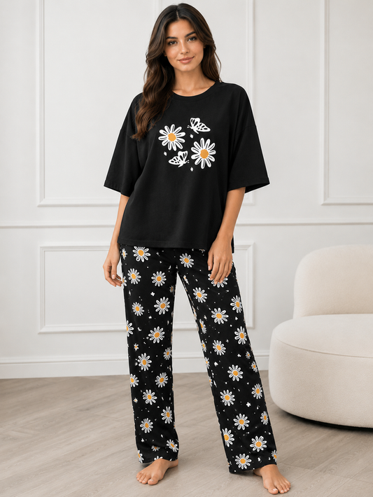 Women's Daisy Flower Print Night Suit – Soft Loose Fit Short Sleeve T-Shirt & Floral Pajama Set
