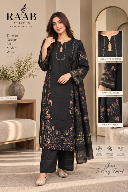 Women’s 3 Piece Black Printed Suit – Embroidered Style Kurta, Trouser & Matching Dupatta