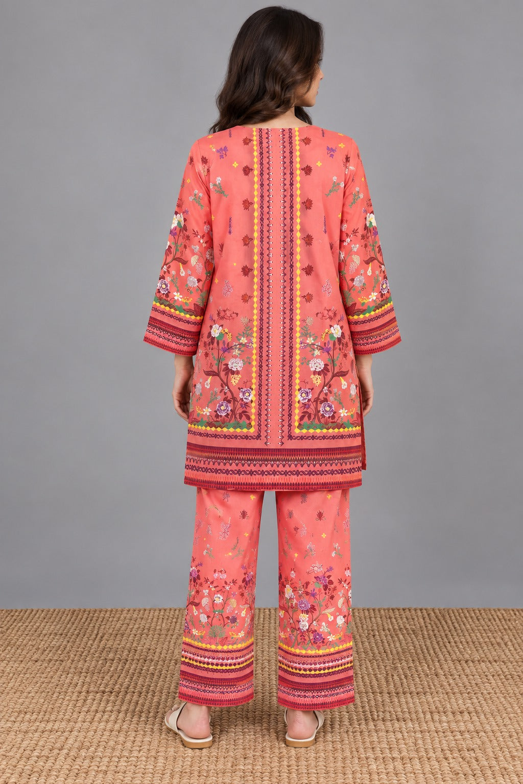 Coral Pink Floral Printed 2 Piece Suit | Printed Kurta & Trouser Set