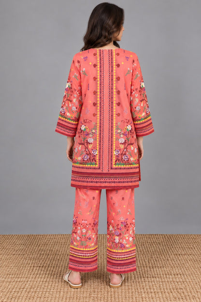 Coral Pink Floral Printed 2 Piece Suit | Printed Kurta & Trouser Set