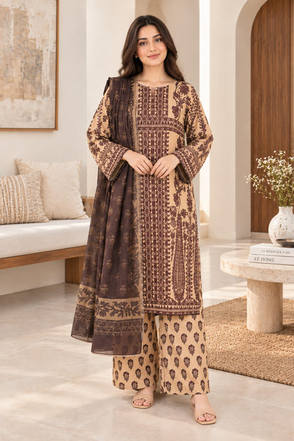 Women’s 3 Piece Printed Lawn Suit – Brown & Beige Printed Shirt, Matching Trouser & Dupatta