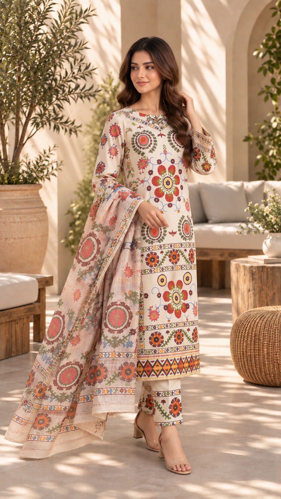 3-Piece Printed Stitched Suit for Women – Ready to Wear