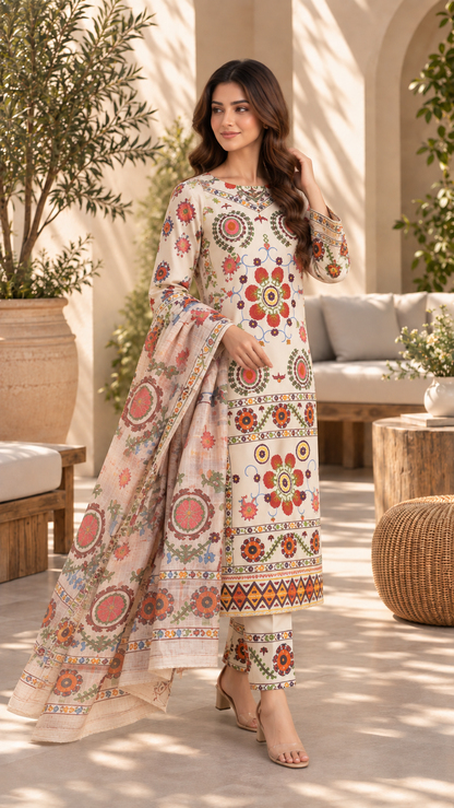 3-Piece Printed Stitched Suit for Women – Ready to Wear