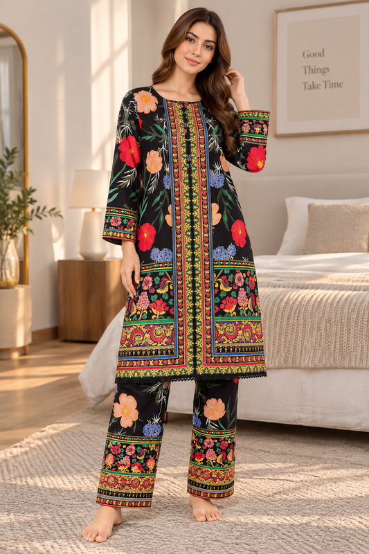 Stitched 2 Piece Lawn Suit for Women | Black Floral Printed Kurta Trouser Set