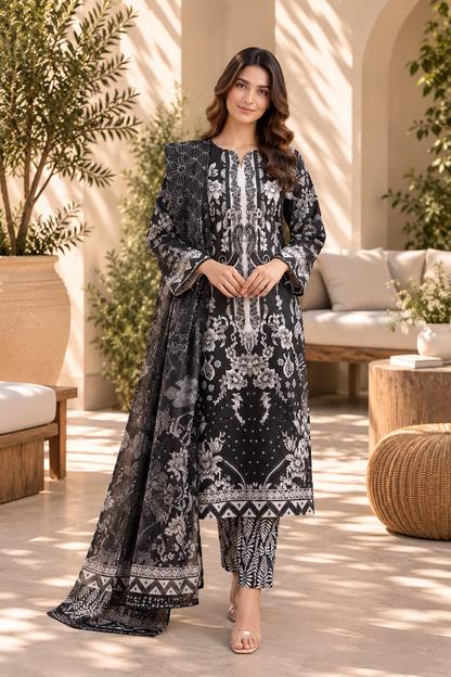 Black & White Floral Lace Print 3-Piece Stitched Suit for Women – Ready to Wear