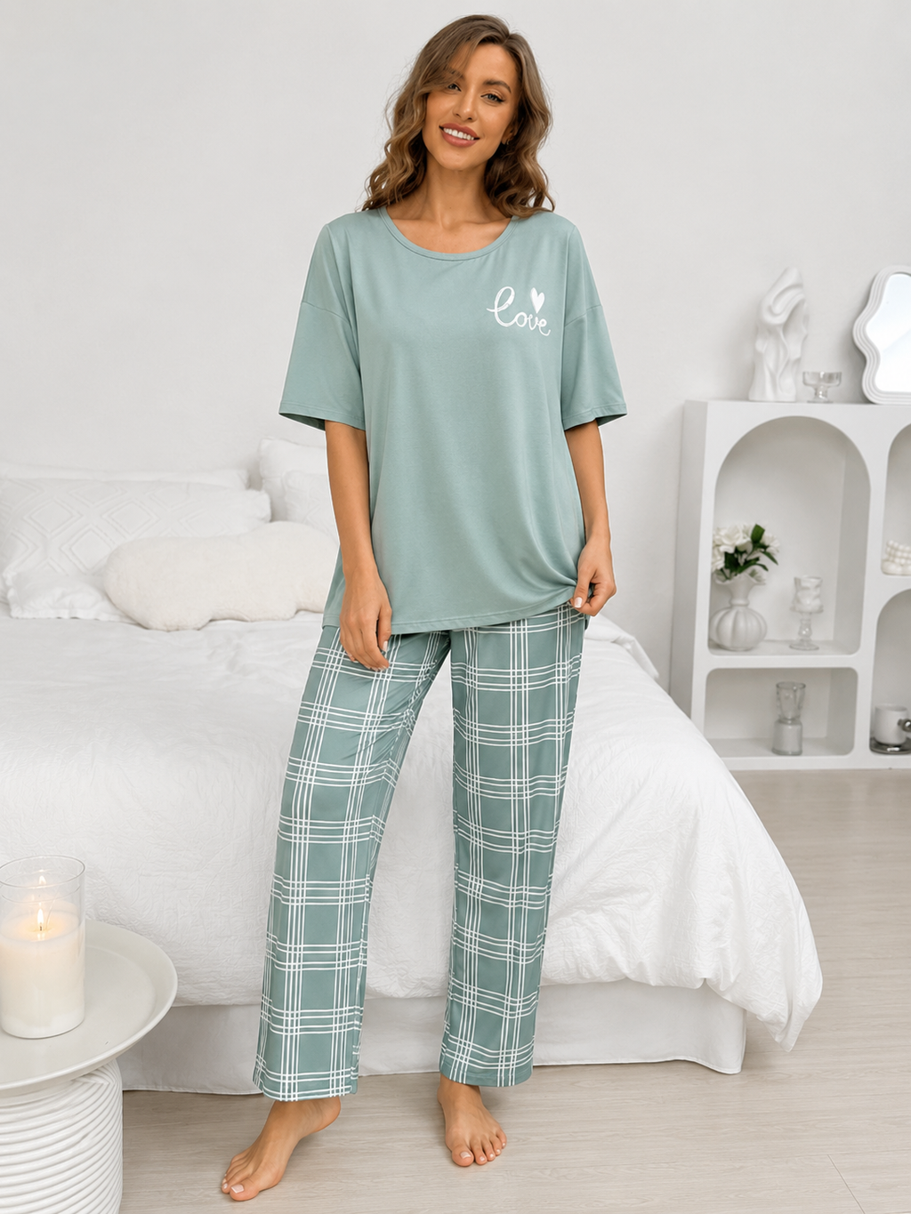 Women's Mint Green Love Print Night Suit – Soft Cotton Pajama Set for Home & Sleepwear