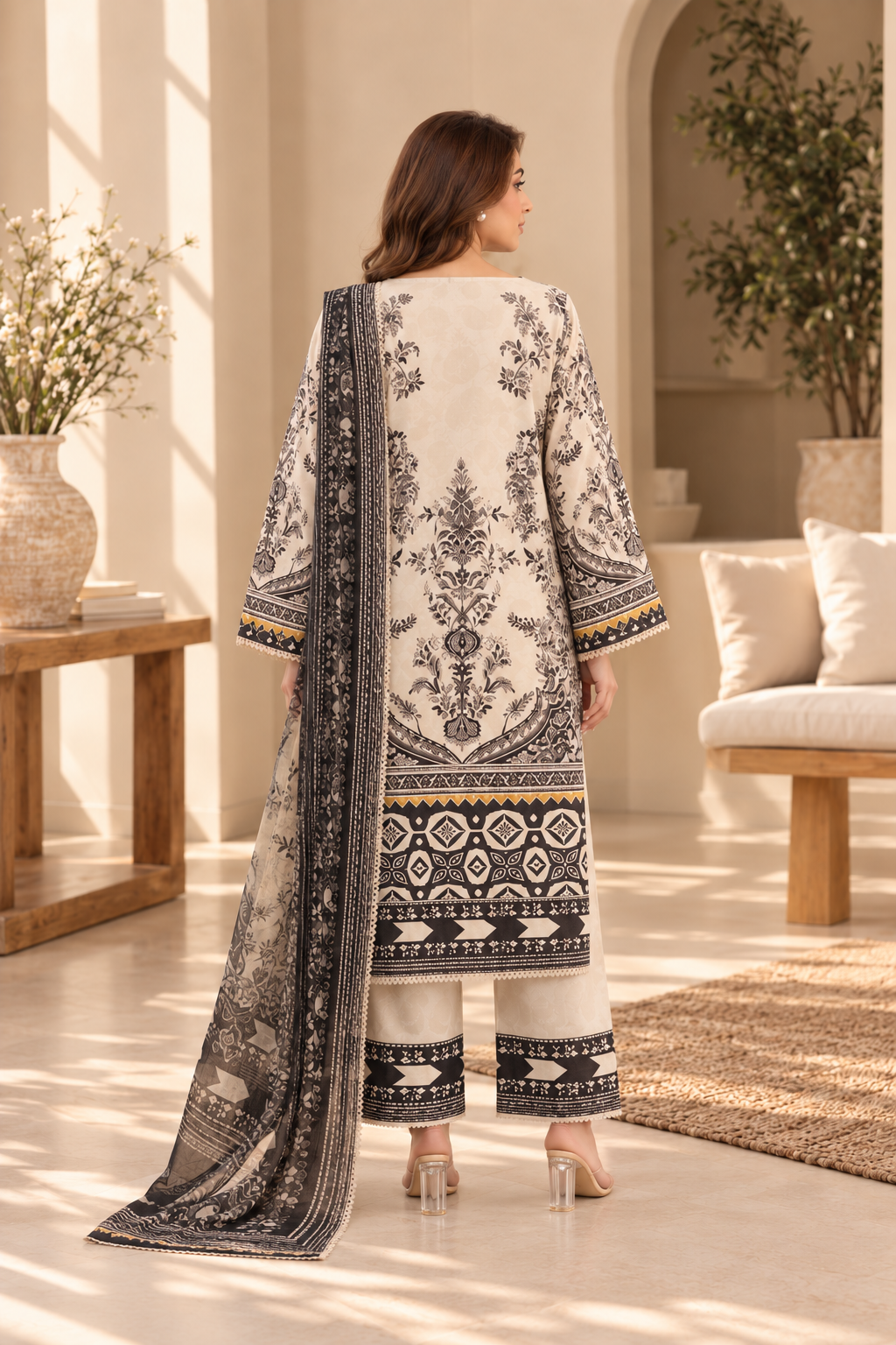 Black & White Printed 3 Piece Lawn Suit with Printed Dupatta – Women’s Unstitched Suit