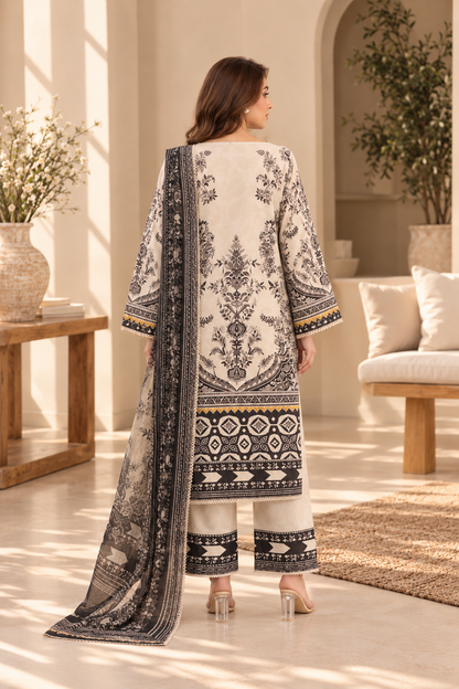 Black & White Printed 3 Piece Lawn Suit with Printed Dupatta – Women’s Unstitched Suit