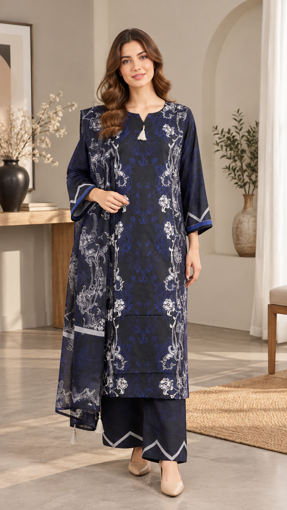 Navy Blue Ornamental Paisley Print 3-Piece Stitched Suit for Women – Ready to Wear