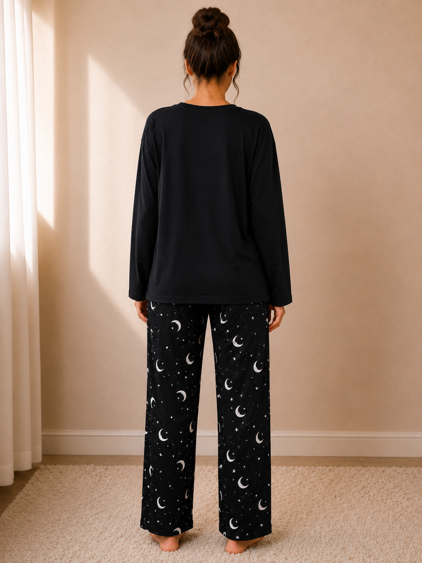 Women's Black Moon & Cat Print Long Sleeve Pajama Set – Soft Nightwear 2 Piece Lounge Set