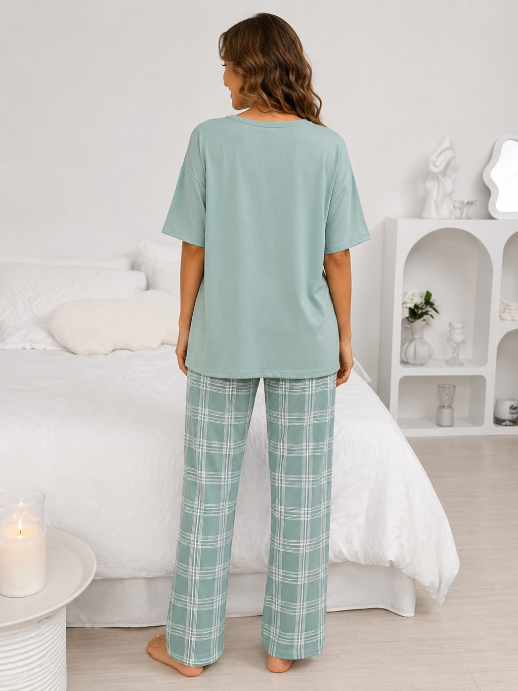 Women's Mint Green Love Print Night Suit – Soft Cotton Pajama Set for Home & Sleepwear