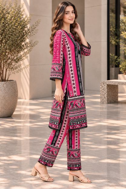 Stitched 2 Piece Lawn Suit for Women | Pink & Black Printed Kurta Trouser Set