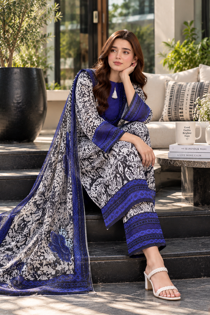 Women’s Printed 3-Piece Lawn Suit – Blue & Black Floral Design