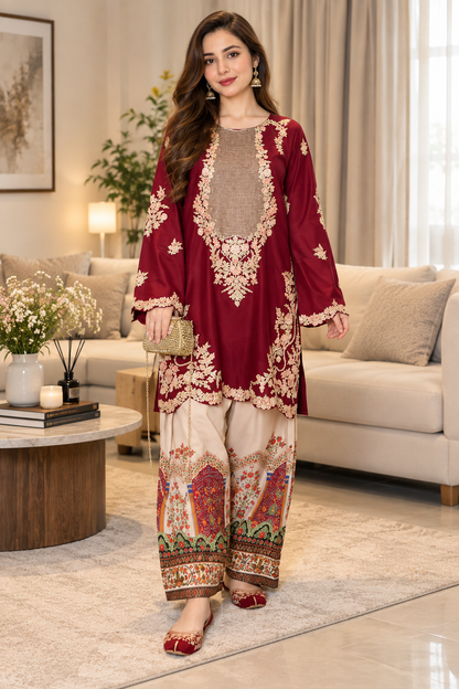 Stitched 2 PC Embroidered Suit – Maroon
