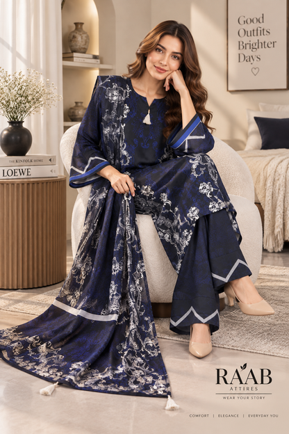 Navy Blue Ornamental Paisley Print 3-Piece Stitched Suit for Women – Ready to Wear