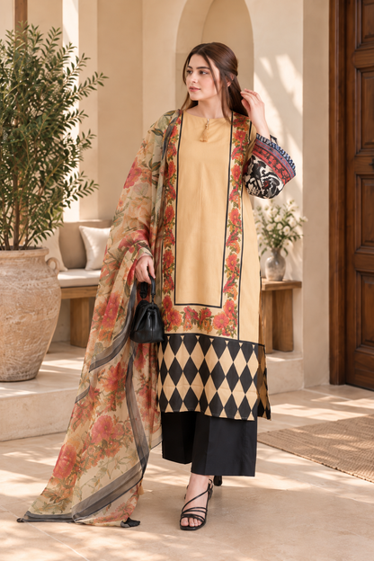 Peach Floral Diamond Print 3-Piece Stitched Suit for Women – Ready to Wear