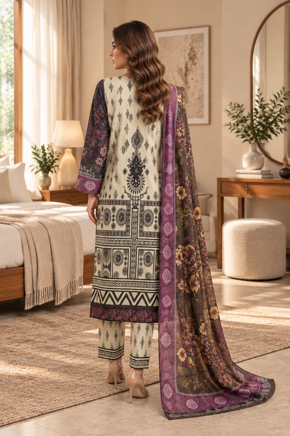 Black & Purple Floral Heritage Print 3-Piece Stitched Suit for Women – Ready to Wear
