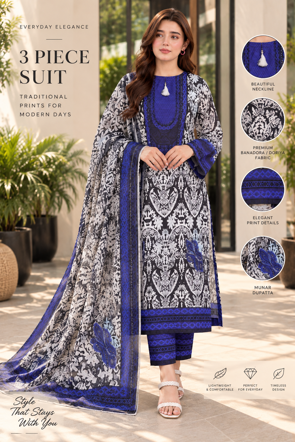 Women’s Printed 3-Piece Lawn Suit – Blue & Black Floral Design