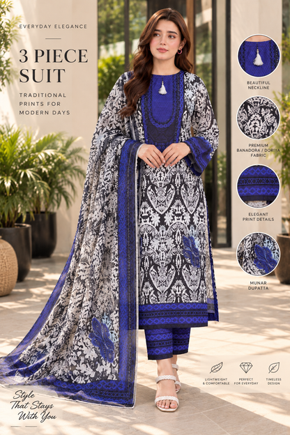 Women’s Printed 3-Piece Lawn Suit – Blue & Black Floral Design