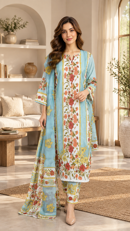 Sky Blue Floral Garden Print 3-Piece Stitched Suit for Women – Ready to Wear