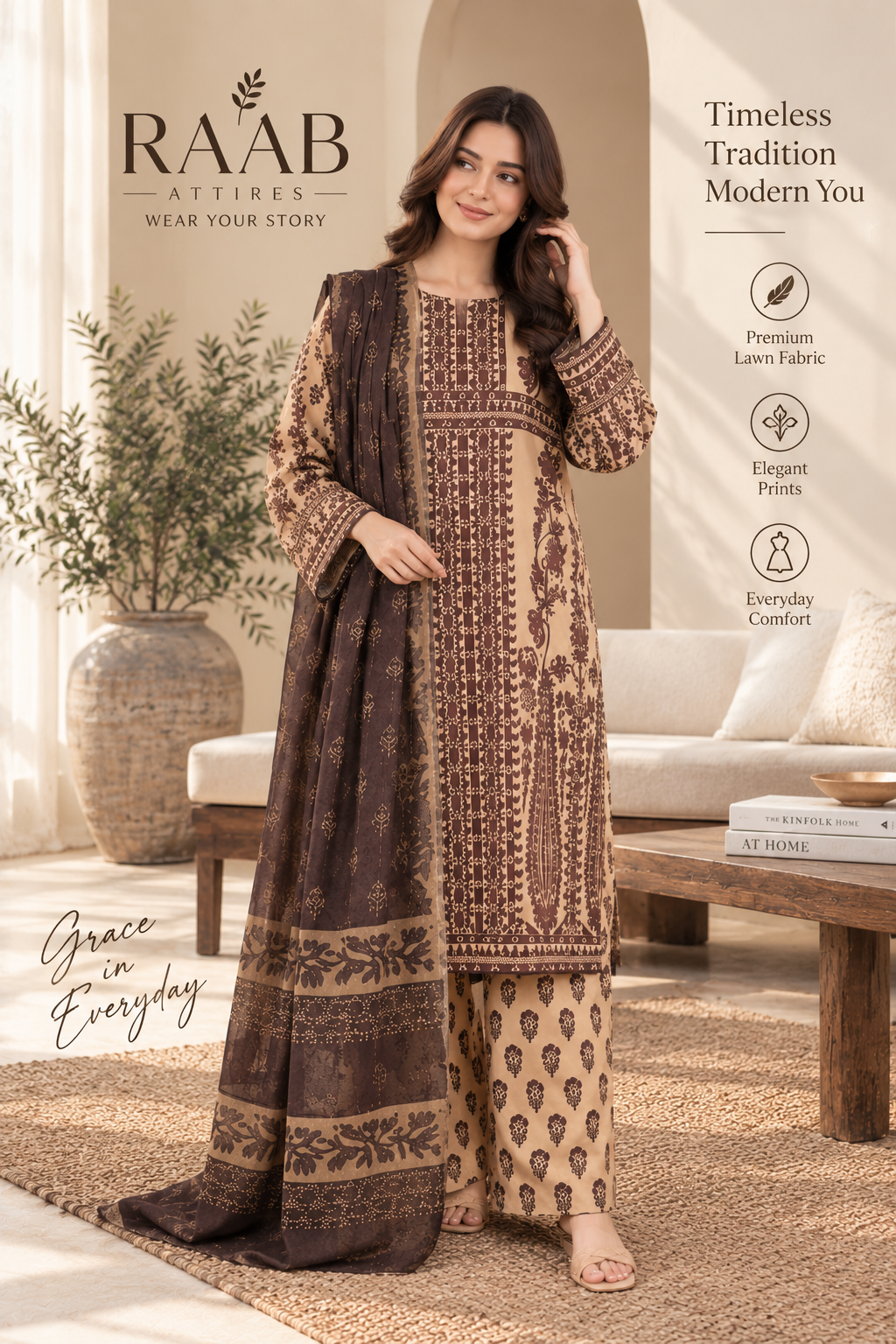 Women’s 3 Piece Printed Lawn Suit – Brown & Beige Printed Shirt, Matching Trouser & Dupatta