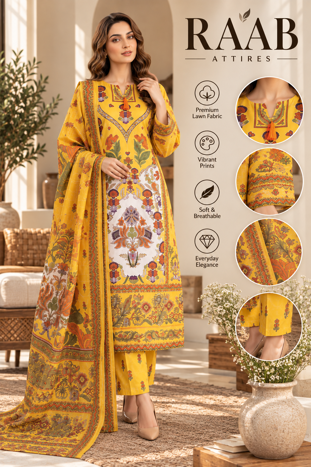 Mustard Floral Heritage Print 3-Piece Stitched Suit for Women – Ready to Wear