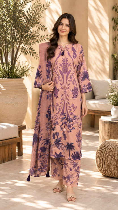 Women’s Printed 3-Piece Lawn Suit – Peach & Purple Floral Design