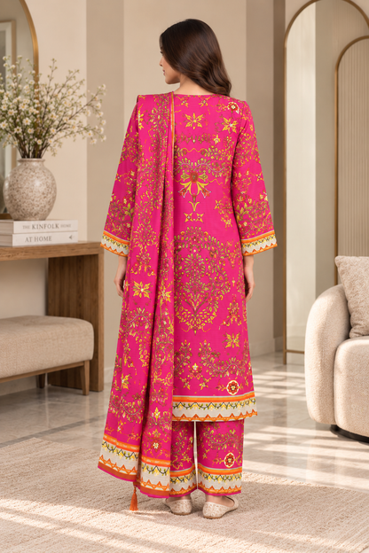Women’s 3 Piece Printed Pink Suit – Floral Printed Kurta, Trouser & Matching Dupatta