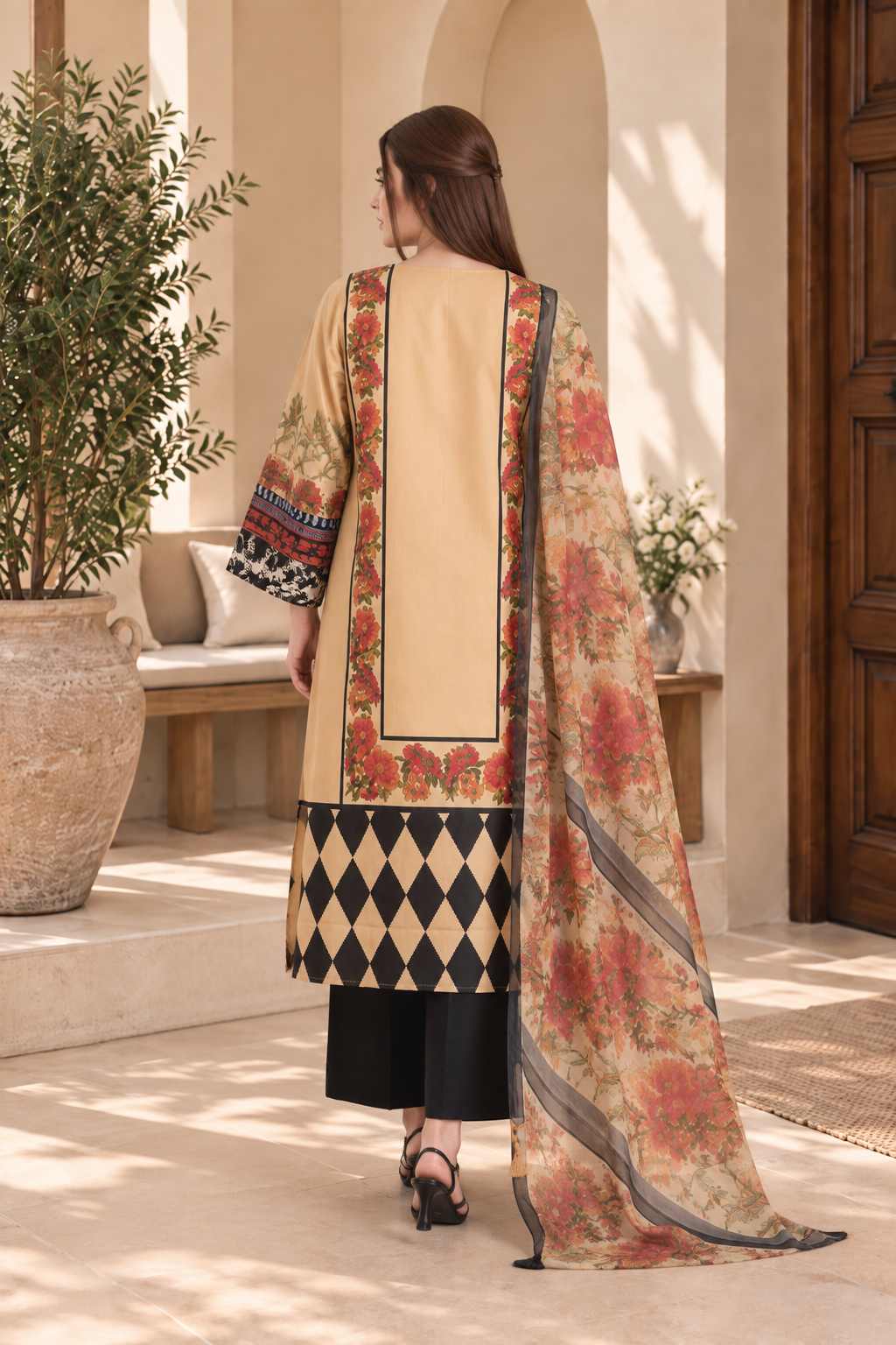 Peach Floral Diamond Print 3-Piece Stitched Suit for Women – Ready to Wear