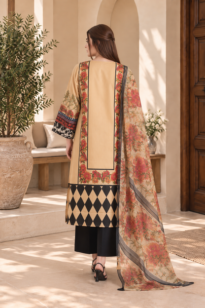 Peach Floral Diamond Print 3-Piece Stitched Suit for Women – Ready to Wear