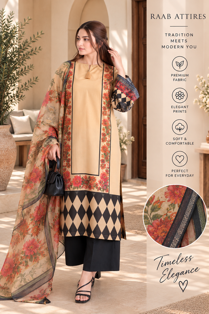 Peach Floral Diamond Print 3-Piece Stitched Suit for Women – Ready to Wear