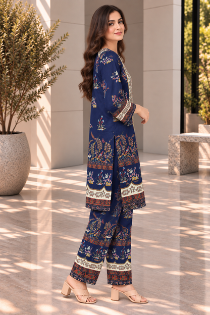 Stitched 2 Piece Lawn Suit for Women | Navy Blue Floral Printed Kurta Trouser Set
