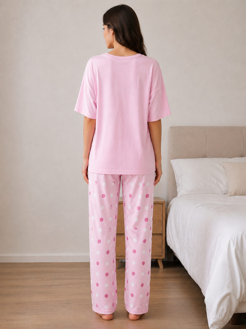 Women's Pink Ribbon Print Pajama Set – Soft 2 Piece Polka Dot Night Suit