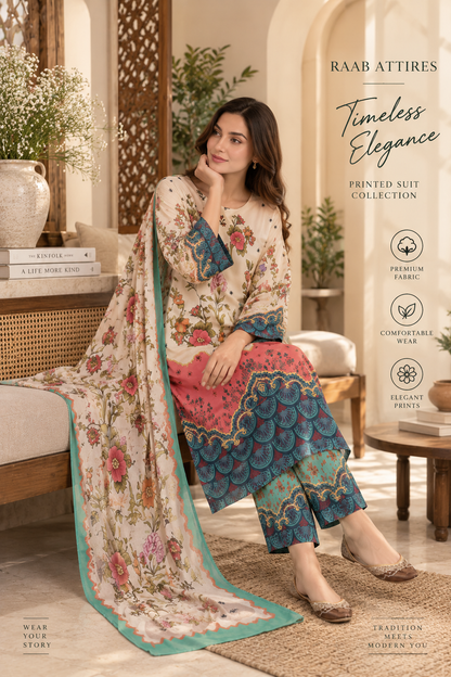 Ivory Floral Garden Print 3-Piece Stitched Suit for Women – Ready to Wear