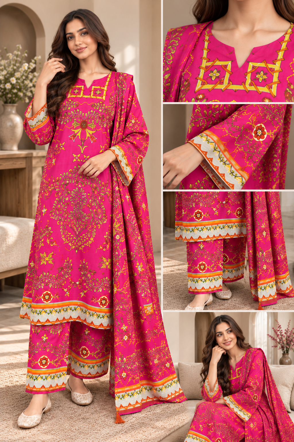 Women’s 3 Piece Printed Pink Suit – Floral Printed Kurta, Trouser & Matching Dupatta