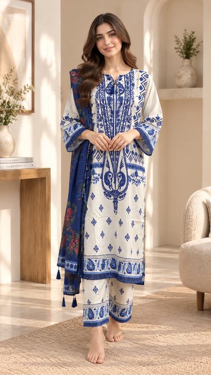 White & Blue Printed 3 Piece Lawn Suit with Floral Dupatta – Women’s Unstitched Suit
