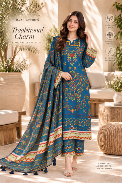 Women’s Printed 3-Piece Lawn Suit – Teal Blue Floral & Traditional Print