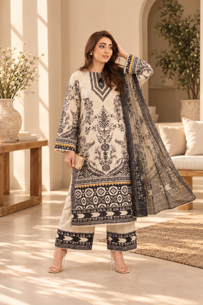 Black & White Printed 3 Piece Lawn Suit with Printed Dupatta – Women’s Unstitched Suit