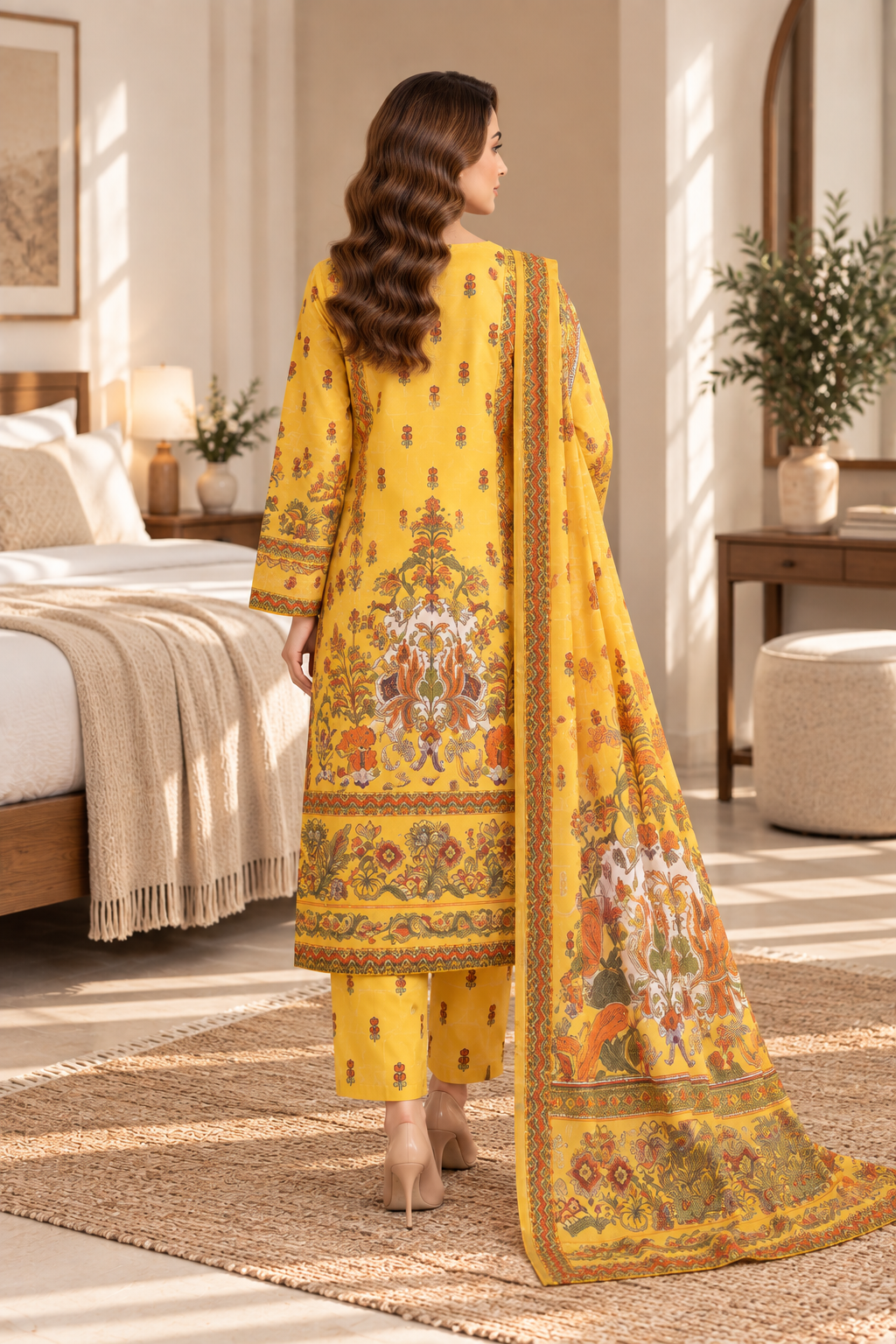 Mustard Floral Heritage Print 3-Piece Stitched Suit for Women – Ready to Wear