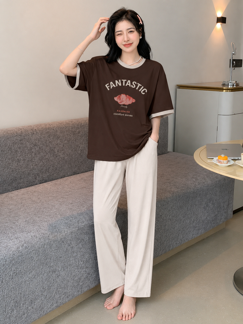 Women's Fantastic Print Night Suit – Soft Loose Fit Short Sleeve T-Shirt & Solid Pajama Set