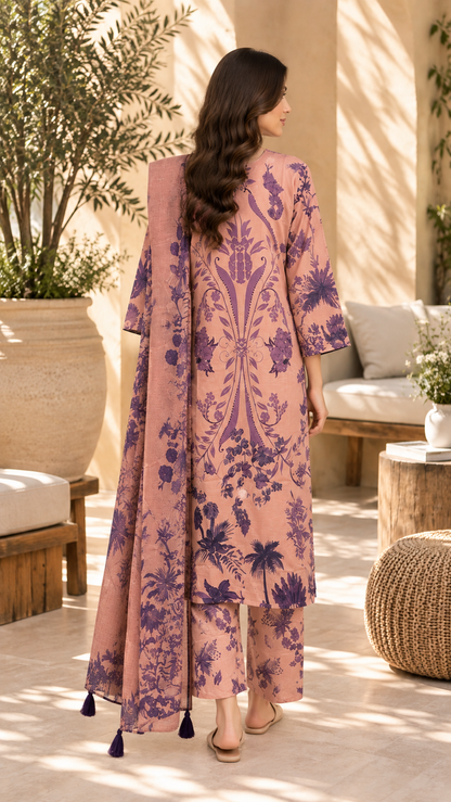 Women’s Printed 3-Piece Lawn Suit – Peach & Purple Floral Design