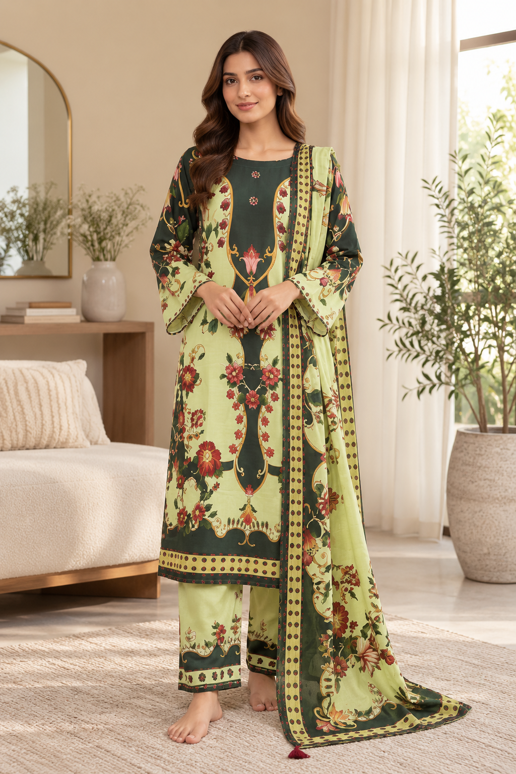 Women’s 3 Piece Printed Lawn Suit – Floral Printed Kurta, Trouser & Matching Dupatta