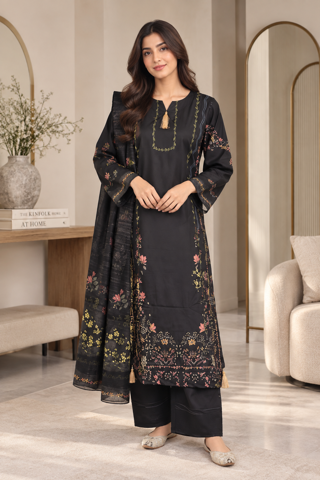 Women’s 3 Piece Black Printed Suit – Embroidered Style Kurta, Trouser & Matching Dupatta
