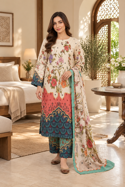Ivory Floral Garden Print 3-Piece Stitched Suit for Women – Ready to Wear