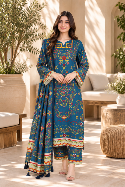 Women’s Printed 3-Piece Lawn Suit – Teal Blue Floral & Traditional Print