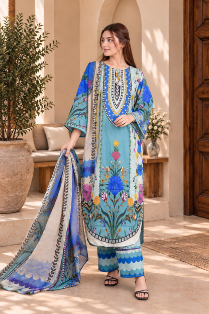 Blue Floral Garden Print 3-Piece Stitched Suit for Women – Ready to Wear