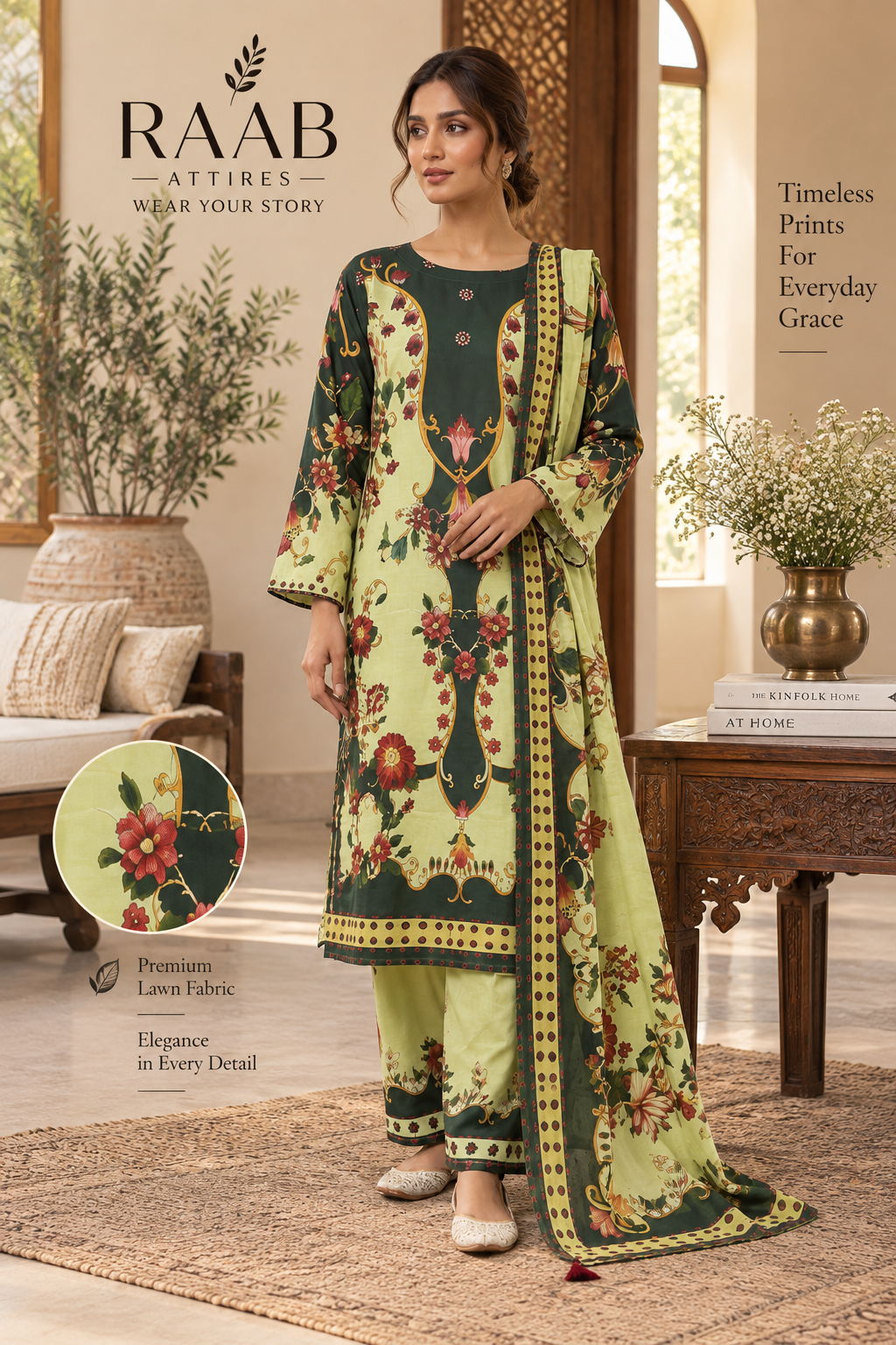 Women’s 3 Piece Printed Lawn Suit – Floral Printed Kurta, Trouser & Matching Dupatta