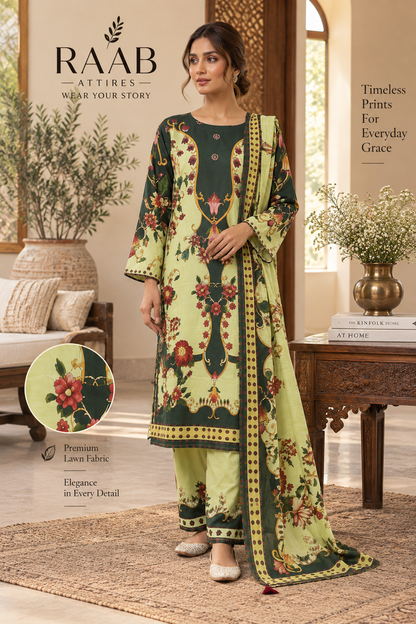 Women’s 3 Piece Printed Lawn Suit – Floral Printed Kurta, Trouser & Matching Dupatta