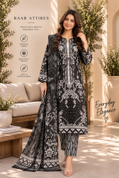 Black & White Floral Lace Print 3-Piece Stitched Suit for Women – Ready to Wear